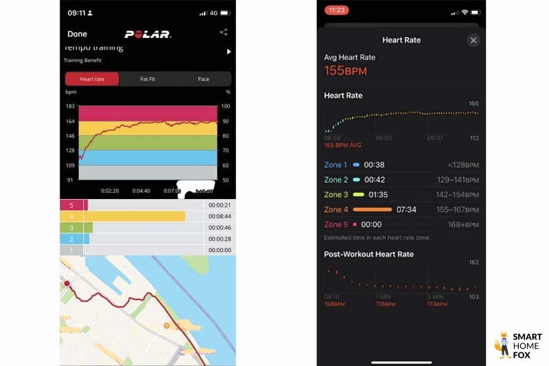 Man sieht die aufgezeichnete Herzfrequenz mit Brustgurt und Apple Watch SE.